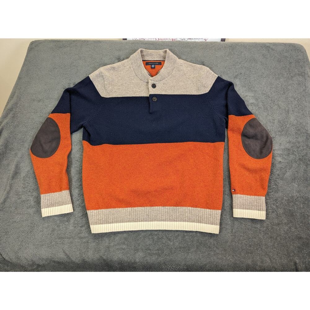 Tommy Hilfiger Lambswool Colorblock Button Neck Sweater Elbow Patch Size Large